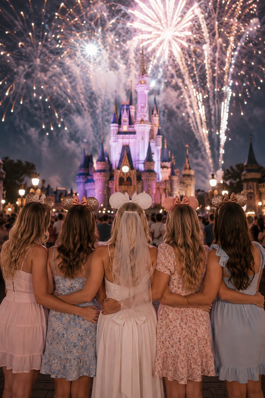 Bride and friends watching fireworks at Cinderella Castle Disney World