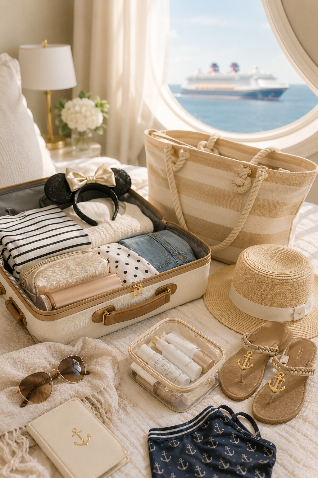 Disney cruise packing flat lay with Minnie ears and ship in porthole