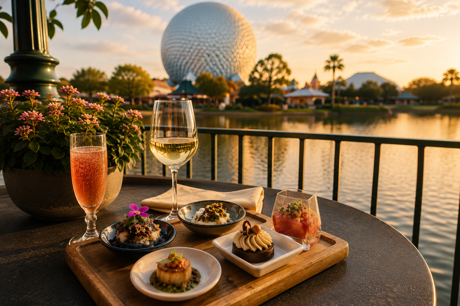 EPCOT food and wine dining spread with Spaceship Earth at golden hour