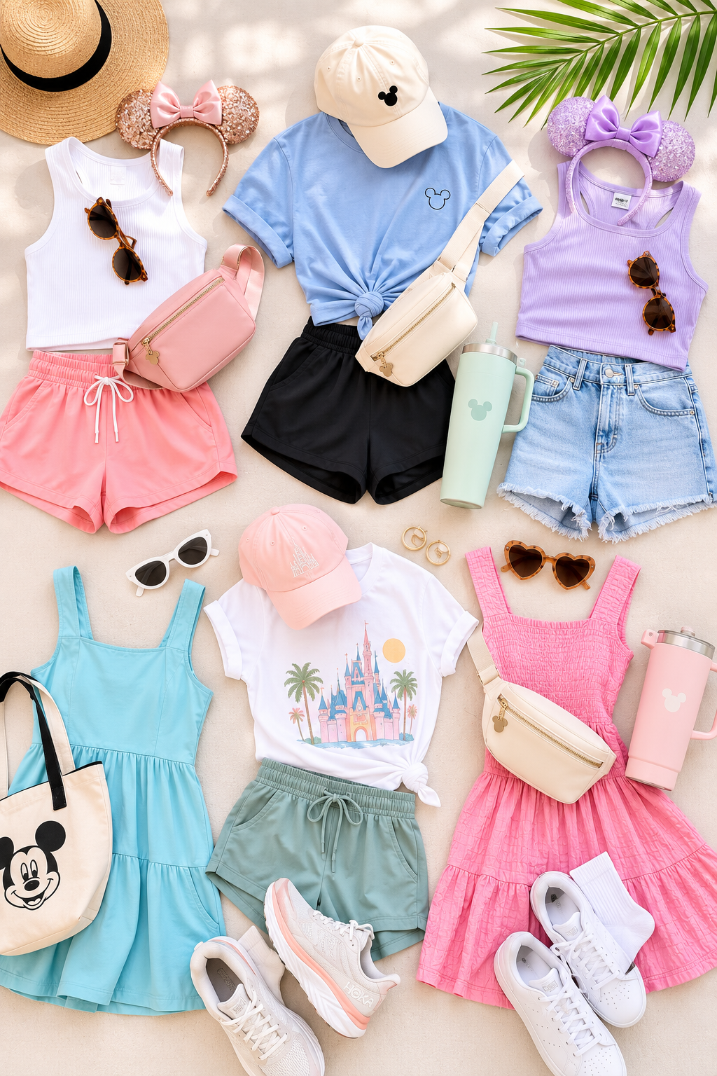Disney summer outfit ideas flatlay pastel colors Minnie ears