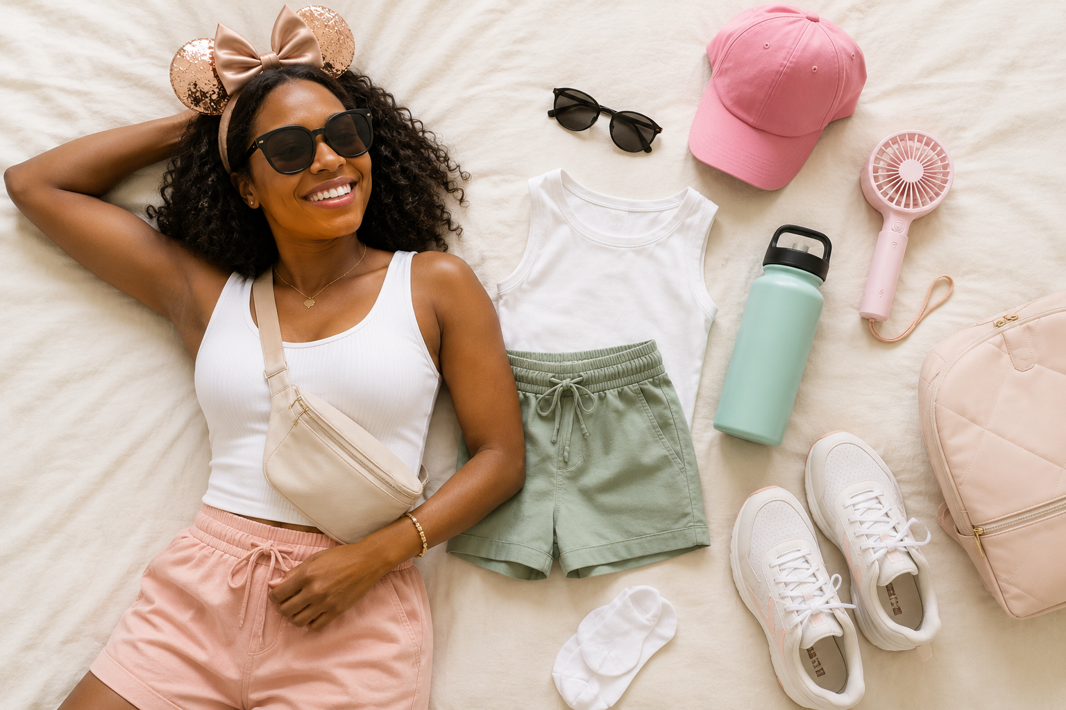 Disney park outfit girl with Minnie ears summer look flat lay