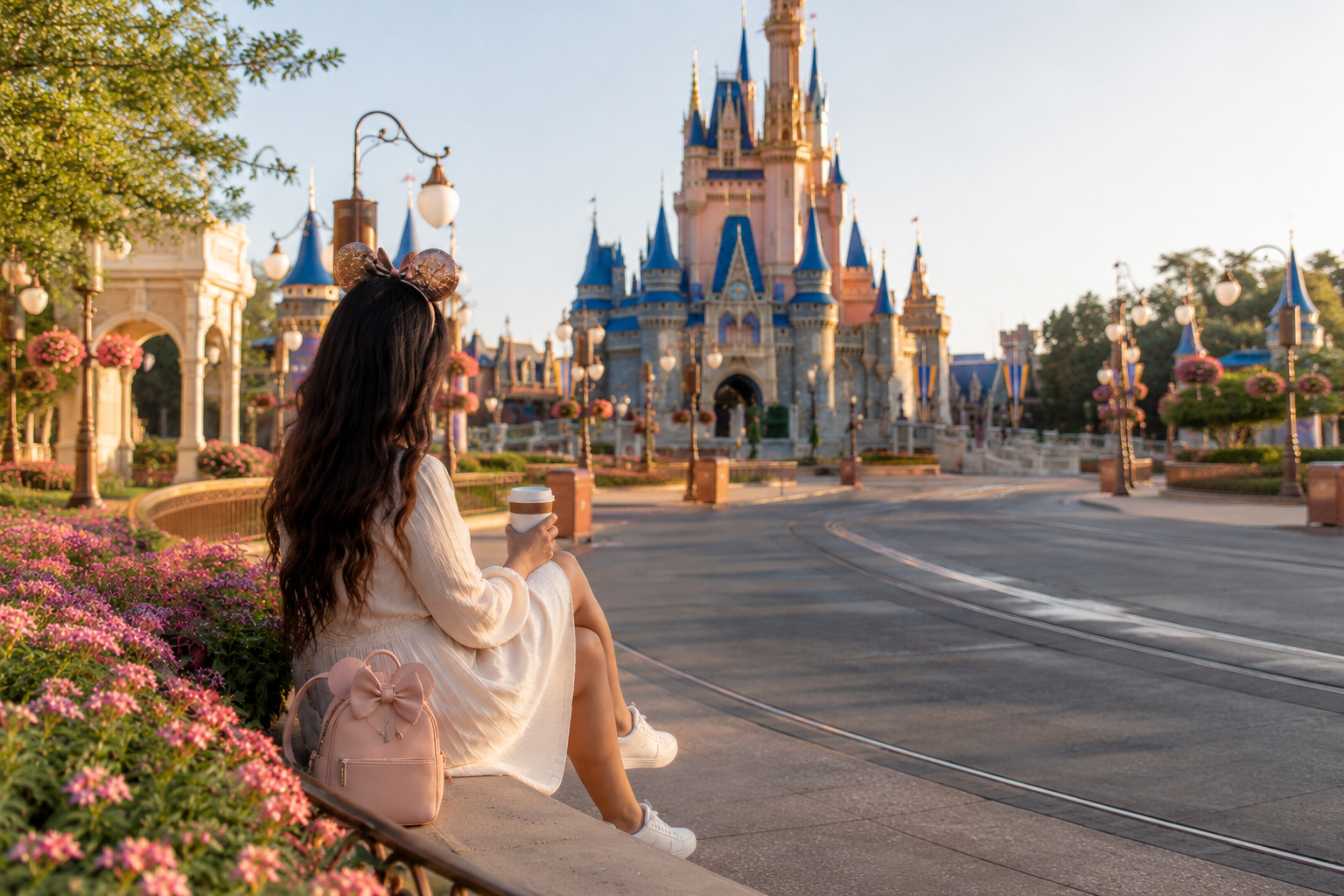 Woman sitting alone on Main Street USA looking at Cinderella Castle at sunrise
