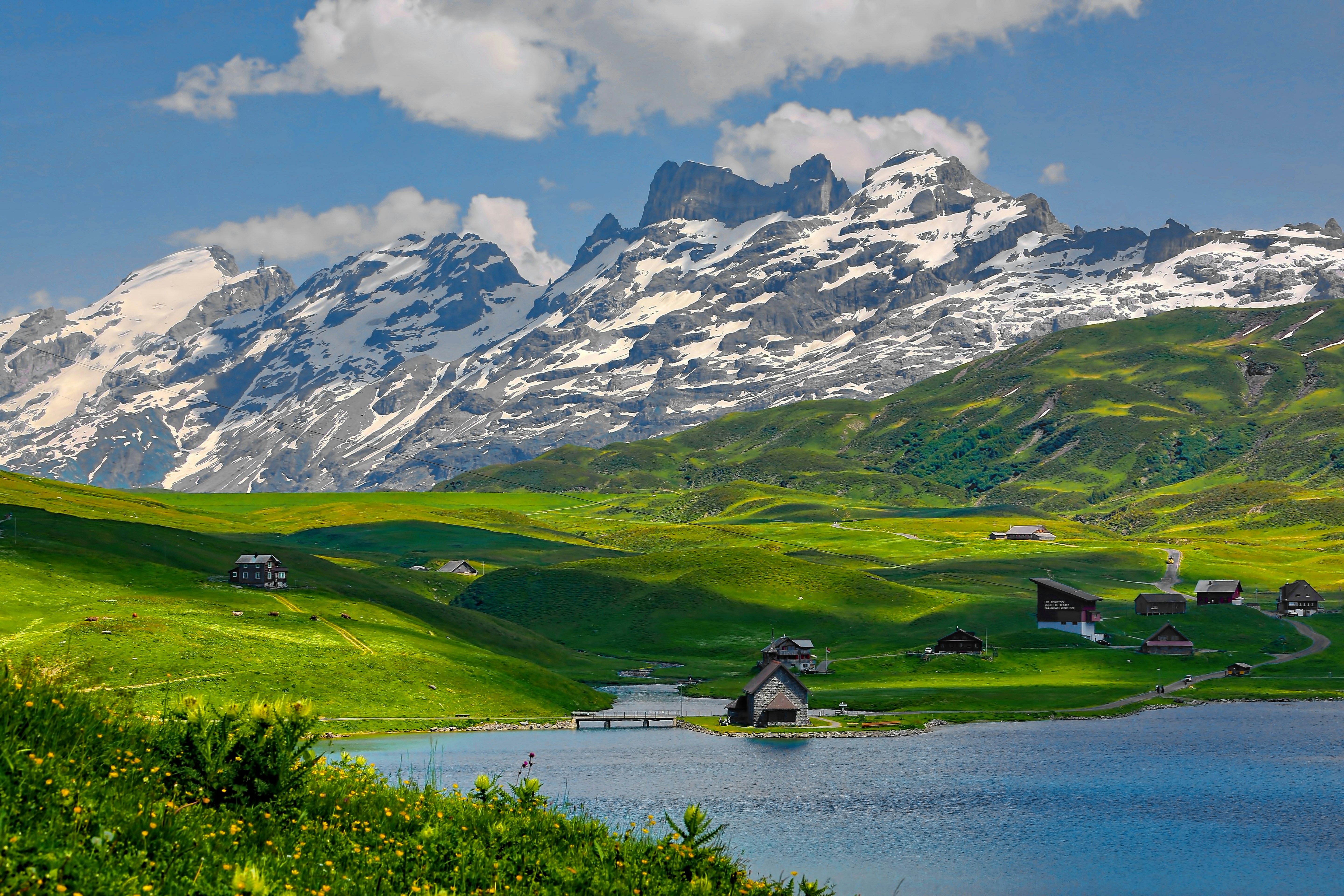 Swiss Alpine meadow with lake chalets and snow-capped mountains